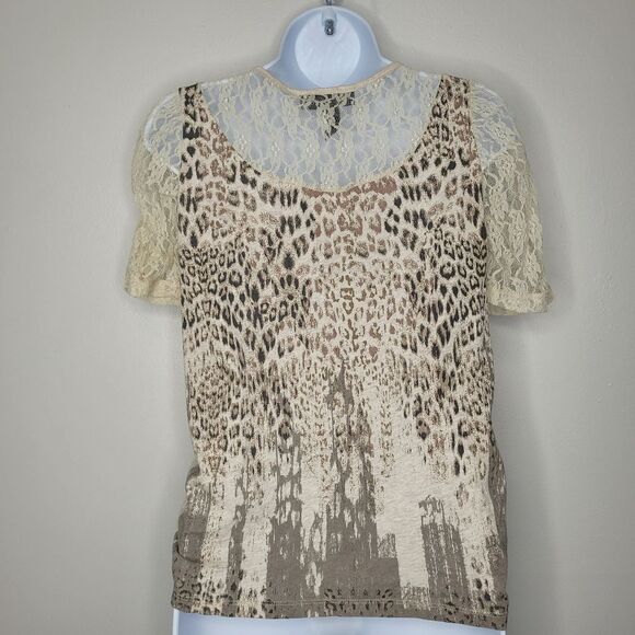 Vintage y2k brown lace sleeve studded mixed  media animal print grunge top med p - Picture 2 of 6